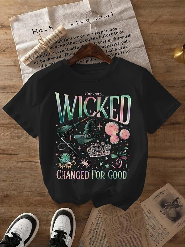 Women'WB shield Cartoon & Letter Print Round Neck Graphic Tee, Vintage Trendy Casual Short Sleeve T-shirt for Daily Wear,...