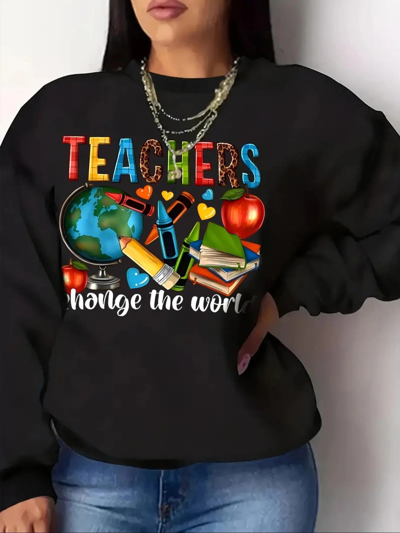 Women'WB shield Cartoon & Letter Print Round Neck Pullover, Fashion Casual Crew Neck Sweatshirt for Daily School Outdoor...
