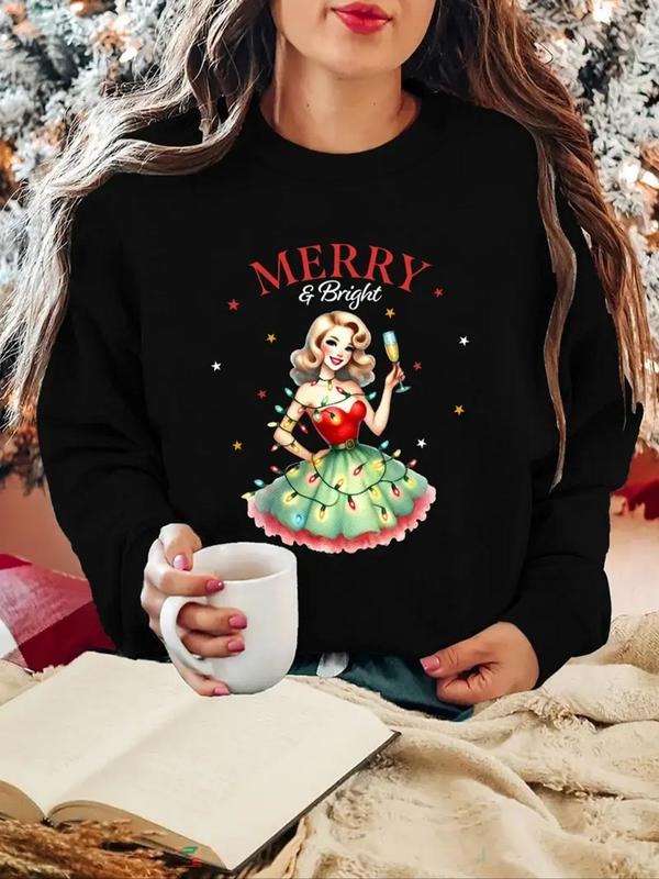 Women'WB shield Cartoon & Letter Print Round Neck Sweatshirt, Casual Long Sleeve Crew Neck Pullover for Fall & Winter,...