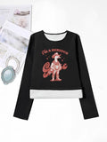 Women'WB shield Cartoon & Letter Print Round Neck TNF Lined T-shirts, Casual Long Sleeve Crew Neck T-shirts for Fall &...