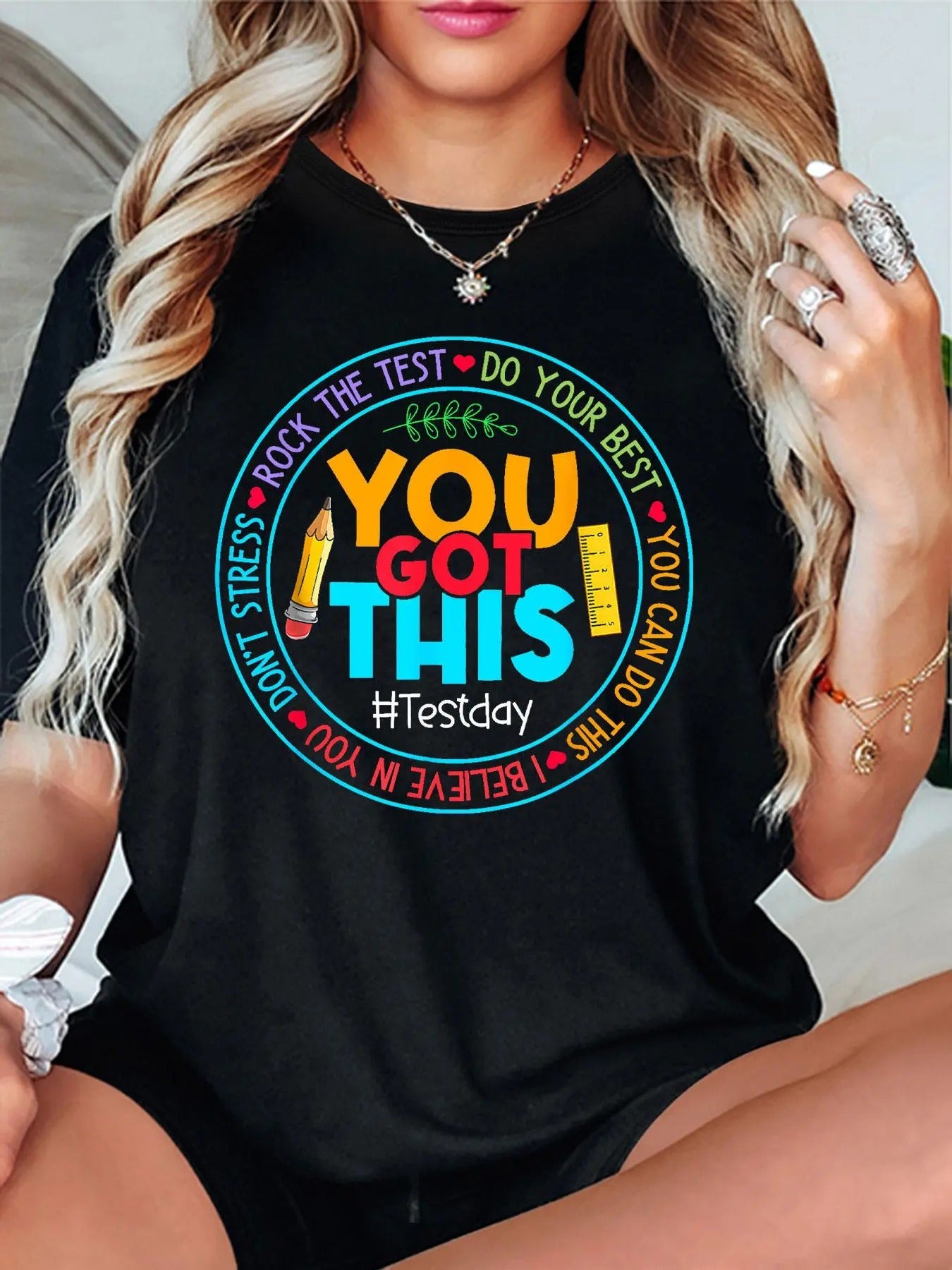 Women'WB shield Cartoon & Letter Print Round Neck Tee, Casual Crew Neck Short Sleeve T-Shirt for Daily Holiday Vacation...