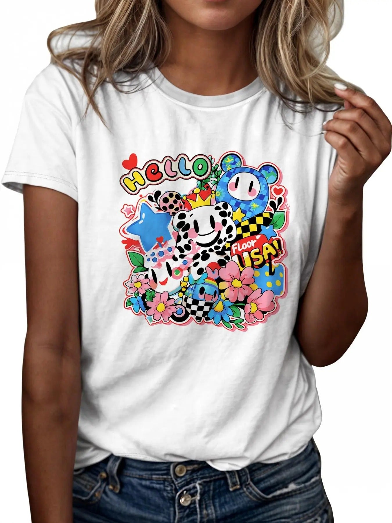 Women'WB shield Cartoon & Letter Print Round Neck Tee, Casual Short Sleeve T-shirt for Daily Wear, Ladies TNF for Spiky...