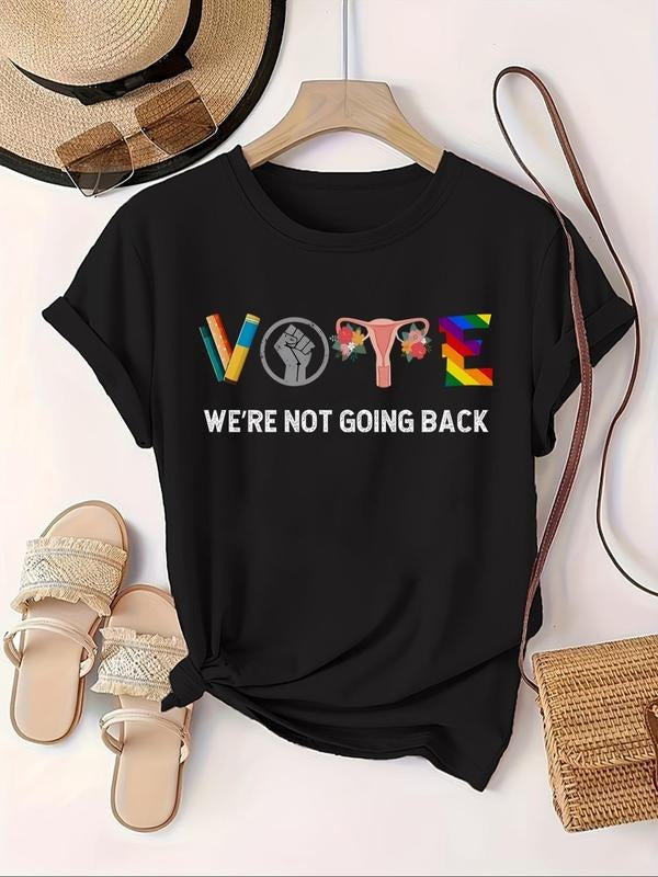 Women'WB shield Cartoon & Letter Print Round Neck Tee, Fashion Casual Crew Neck T-shirt for Daily Holiday Vacation...