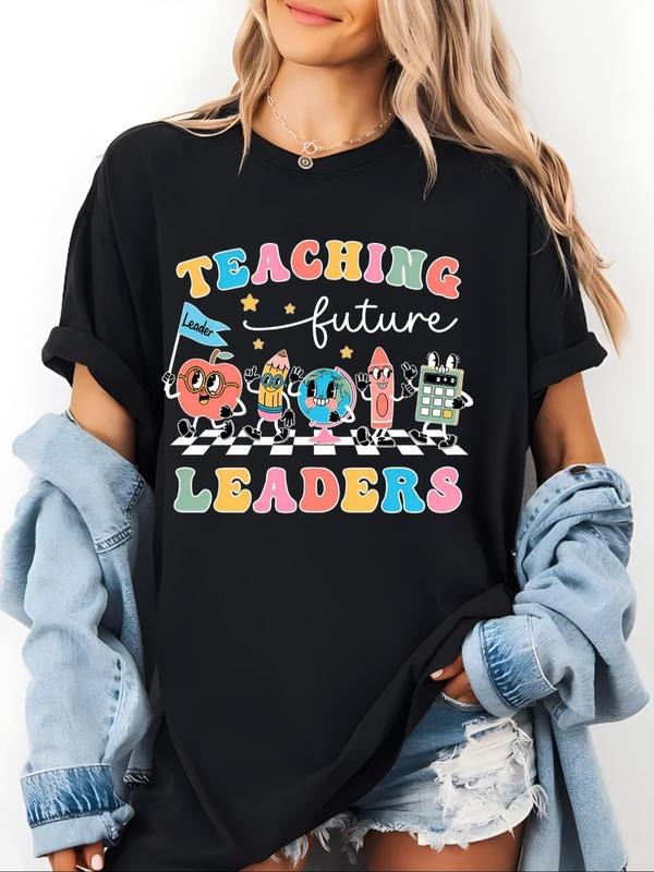 Women'WB shield Cartoon & Letter Print Round Neck Tee, Trendy Casual Short Sleeve T-shirt for Daily Wear, Ladies Spiky...