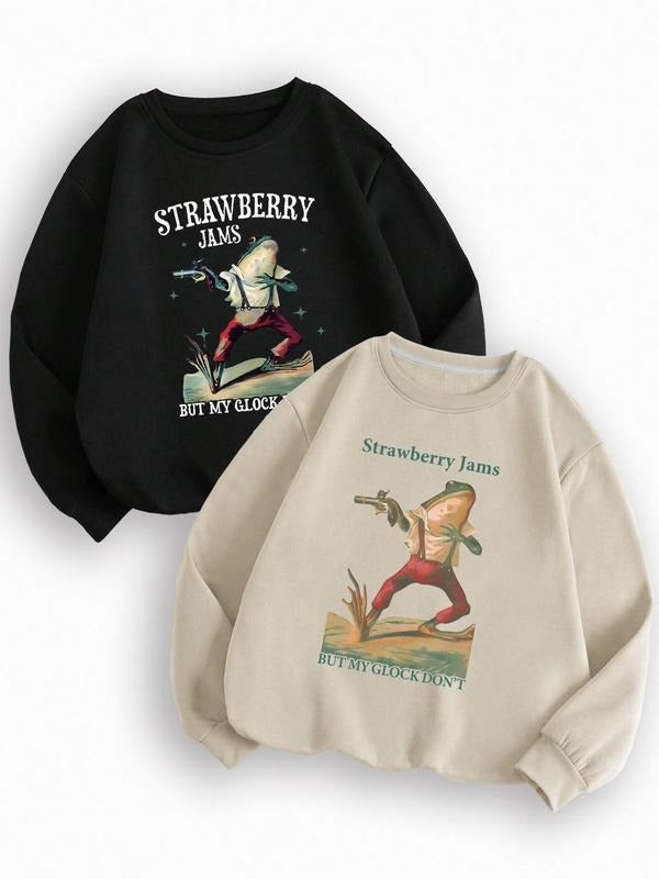 Women'WB shield Cartoon & Letter Print Sweatshirt, Casual Long Sleeve Round Neck Pullover for Fall & Winter, Ladies TNF...