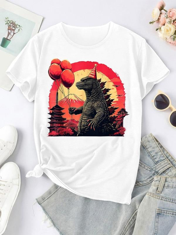 Women'WB shield Cartoon & Spiky hair fighters Print Round Neck Tee, Casual Short Sleeve Crew Neck T-shirt for Summer,...