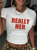 Women'WB shield Cartoon "REALLY HER" Print Round Neck Tee, Fashion Casual Crew Neck T-Shirt for Daily Holiday Vacation...