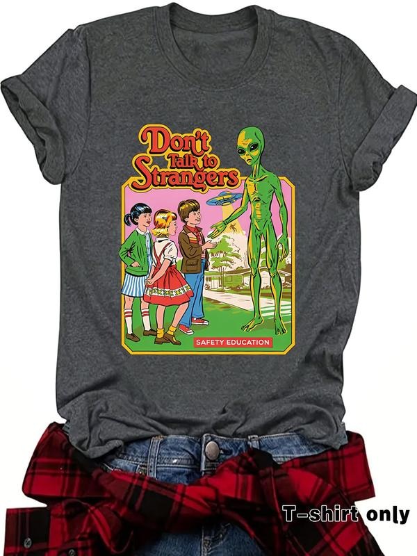 Women'WB shield Cartoon Alien & Letter Print Round Neck Tee, Casual Fashion Short Sleeve T-shirt for Daily Wear, Ladies...