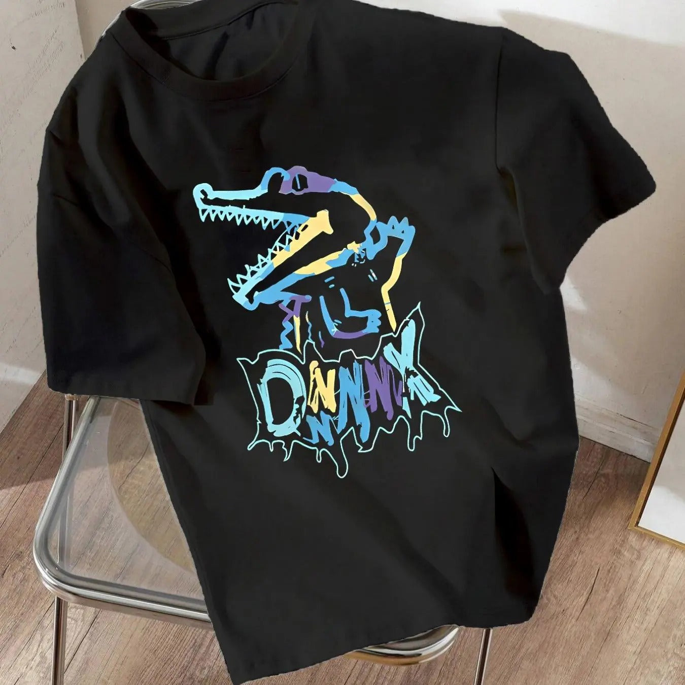 Women'WB shield Cartoon Alligator & Letter Print Drop Shoulder Tee, Casual Short Sleeve Round Neck T-shirt for Summer,...