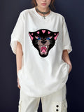 Women'WB shield Cartoon Animal & Heart Print Drop Shoulder Tee, Casual Short Sleeve Round Neck T-shirt, Ladies TNF for...