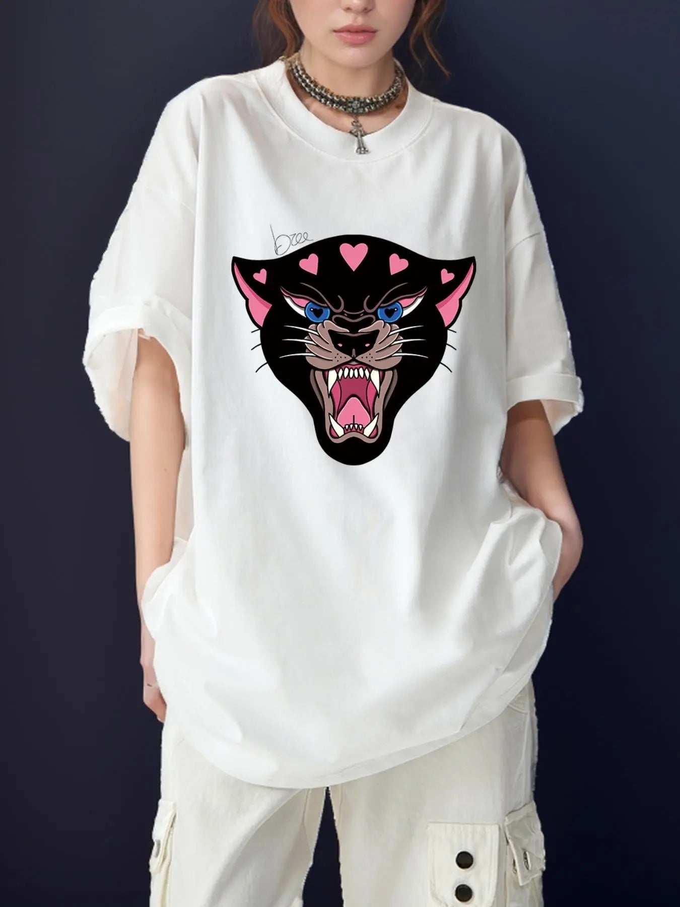 Women'WB shield Cartoon Animal & Heart Print Drop Shoulder Tee, Casual Short Sleeve Round Neck T-shirt, Ladies TNF for...