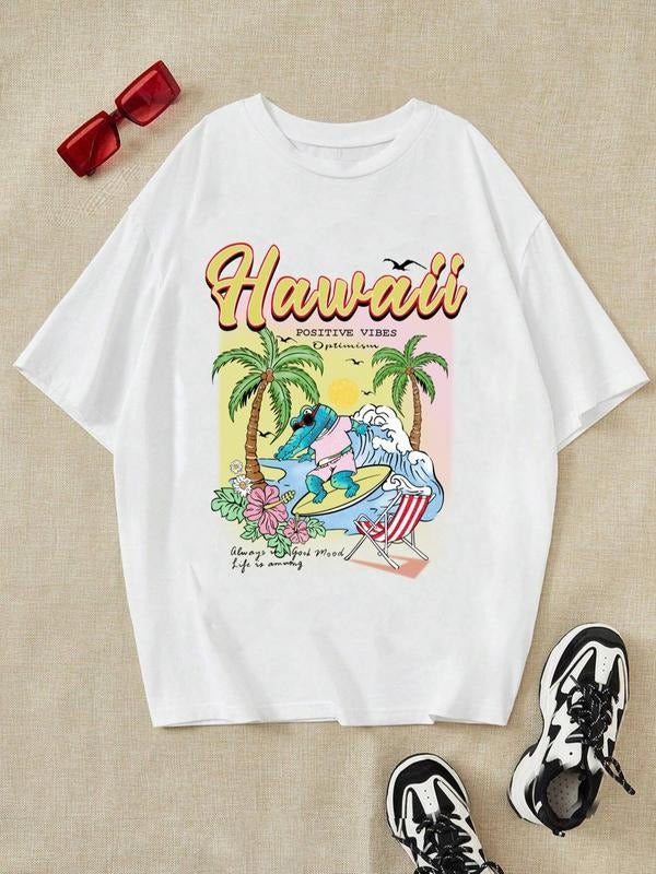 Women'WB shield Cartoon Animal & Landscape Print Drop Shoulder Tee, Fashion Casual Round Neck Half Sleeve T-shirt for...