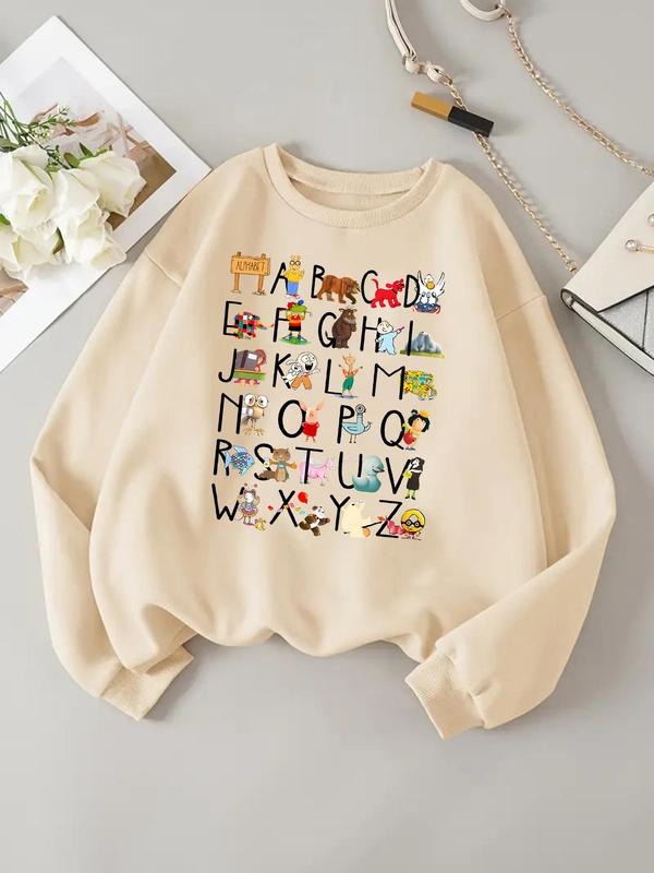 Women'WB shield Cartoon Animal & Letter Print Drop Shoulder Sweatshirt, Casual Long Sleeve Round Neck Pullover for Spring...