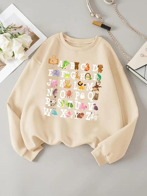 Women'WB shield Cartoon Animal & Letter Print Drop Shoulder Sweatshirt, Cute Casual Long Sleeve Round Neck Pullover for...