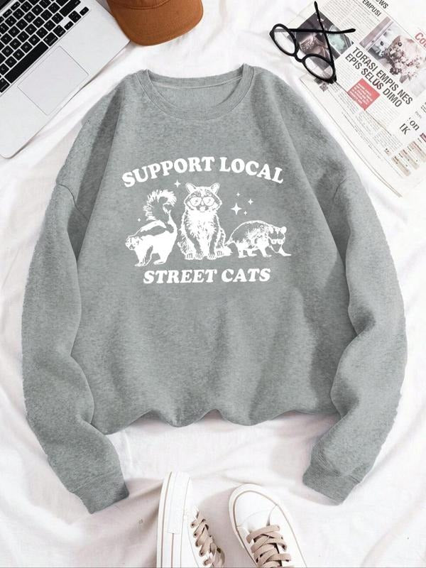 Women'WB shield Cartoon Animal & Letter Print Drop Shoulder TNF Lined Sweatshirt, Casual Long Sleeve Round Neck Pullover...