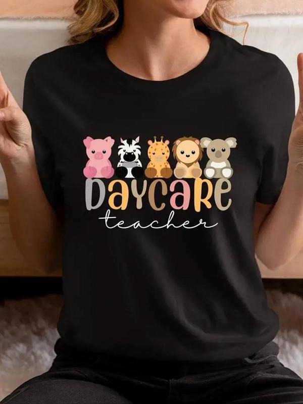 Women'WB shield Cartoon Animal & Letter Print Round Neck Tee, Cute Fashion Casual Crew Neck T-shirt for Daily Holiday...
