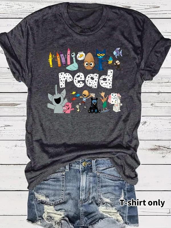Women'WB shield Cartoon Animal & Letter Print Round Neck Tee, Fashion Casual Crew Neck T-Shirt for Daily Holiday Vacation...