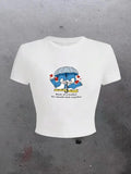 Women'WB shield Cartoon Animal & Letter Print Round Neck Tee, Fashion Casual Crew Neck T-shirt for Daily Holiday Vacation...
