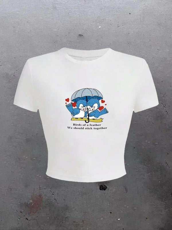 Women'WB shield Cartoon Animal & Letter Print Round Neck Tee, Fashion Casual Crew Neck T-shirt for Daily Holiday Vacation...