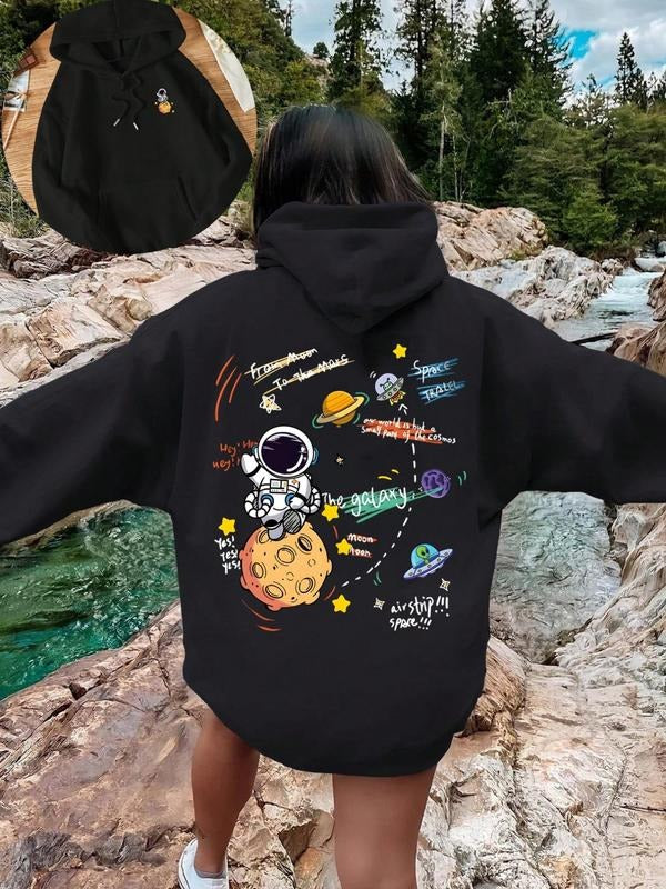 Women'WB shield Cartoon Astronaut & Letter Print Drop Shoulder Hoodie, Fashion Casual Drawstring Pocket Hooded Sweatshirt...