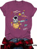 Women'WB shield Cartoon Astronaut & Planet Print Round Neck Tee, Casual Fashion Short Sleeve T-shirt for Summer, Ladies...