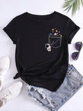 Women'WB shield Cartoon Astronaut & Planets Print Pocket Round Neck Tee, Casual Short Sleeve Crew Neck T-Shirt for...