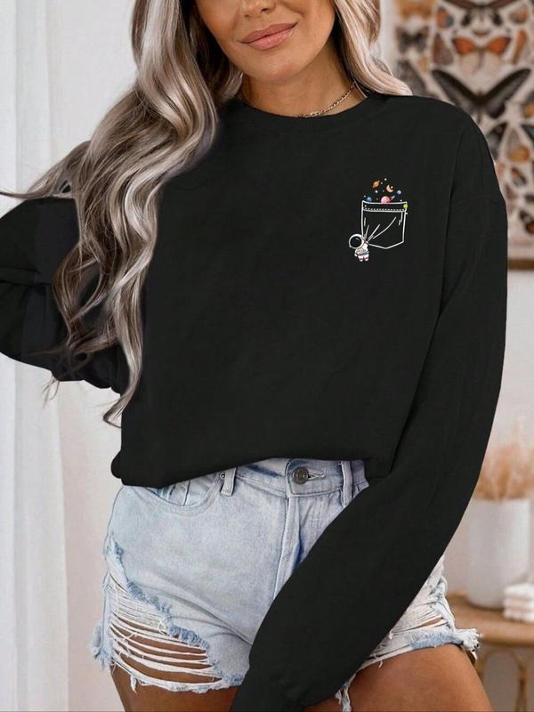 Women'WB shield Cartoon Astronaut Print Drop Shoulder Pullover, Casual Graphic Long Sleeve Crew Neck Sweatshirt for Fall...
