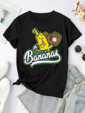 Women'WB shield Cartoon Banana & Letter Print Round Neck Tee, Fashion Casual Crew Neck Short Sleeve T-shirt for Daily...