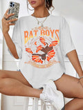 Women'WB shield Cartoon Bat & Letter Print Drop Shoulder Tee, Casual Half Sleeve Round Neck T-Shirt for Daily Wear,...