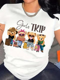 Women'WB shield Cartoon Bear & "girls TRIP" Letter Print Round Neck Tee, Fashion Casual Crew Neck Short Sleeve T-Shirt...