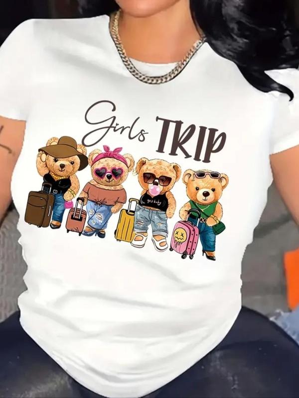 Women'WB shield Cartoon Bear & "girls TRIP" Letter Print Round Neck Tee, Fashion Casual Crew Neck Short Sleeve T-Shirt...