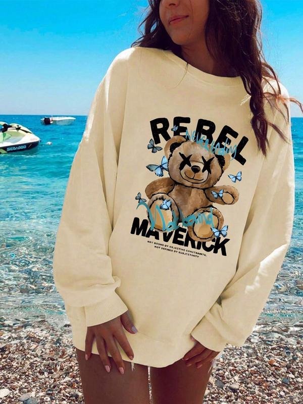 Women'WB shield Cartoon Bear & Butterfly Print Drop Shoulder Sweatshirt, Casual Long Sleeve Round Neck Pullover for Fall...