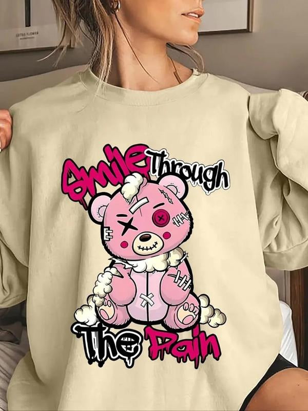 Women'WB shield Cartoon Bear & Letter Print Crew Neck TNF Lined Pullover, Fashion Casual Long Sleeve Sweatshirt for Daily...