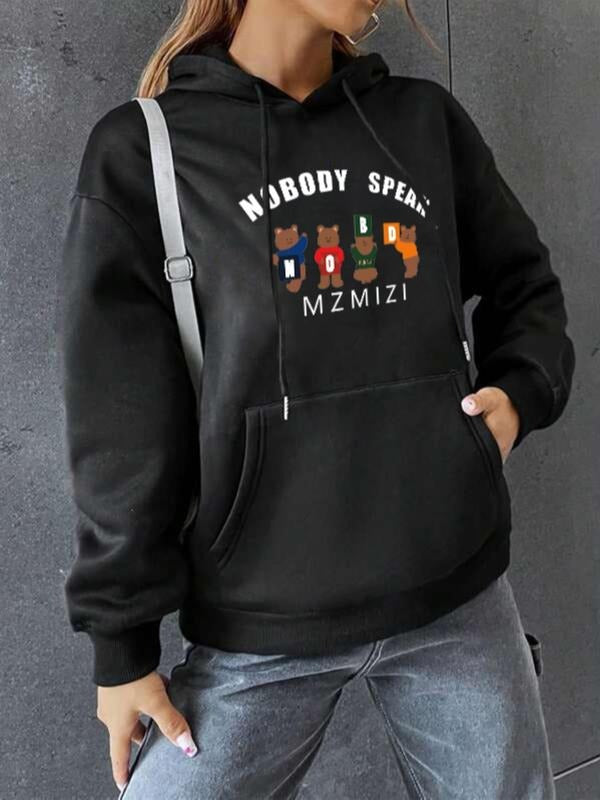 Women'WB shield Cartoon Bear & Letter Print Drawstring Pocket Drop Shoulder Hoodie, Fashion Casual Hooded Long Sleeve...