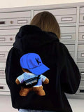 Women'WB shield Cartoon Bear & Letter Print Drop Shoulder Hoodie, Fashion Casual Drawstring Pocket Hooded Sweatshirt for...