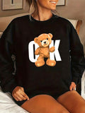Women'WB shield Cartoon Bear & Letter Print Drop Shoulder Sweatshirt, 2024 New Style Casual Long Sleeve Round Neck...