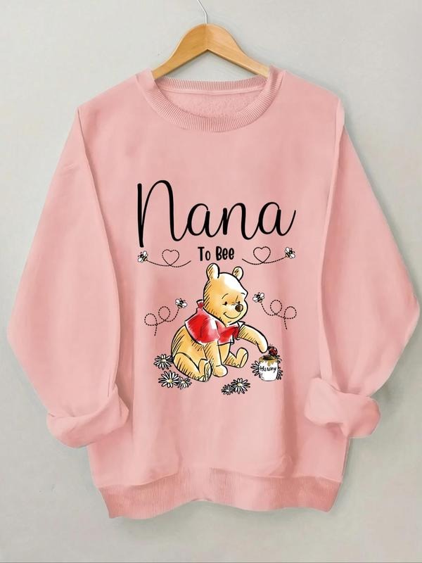 Women'WB shield Cartoon Bear & Letter Print Drop Shoulder Sweatshirt, Casual Long Sleeve Round Neck Pullover for Daily...