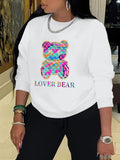 Women'WB shield Cartoon Bear & Letter Print Drop Shoulder Sweatshirt, Casual Long Sleeve Round Neck Pullover for Fall &...
