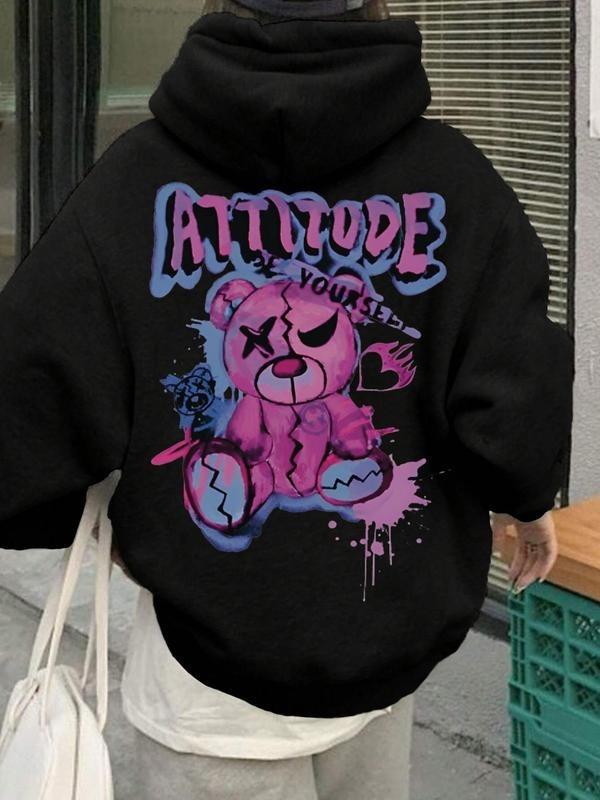Women'WB shield Cartoon Bear & Letter Print Drop Shoulder TNF Lined Hoodie, Fashion Casual Drawstring Pocket Hooded...