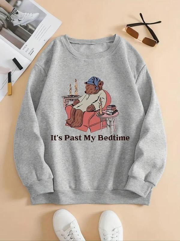 Women'WB shield Cartoon Bear & Letter Print Drop Shoulder TNF Lined Sweatshirt, Casual Long Sleeve Round Neck Pullover...