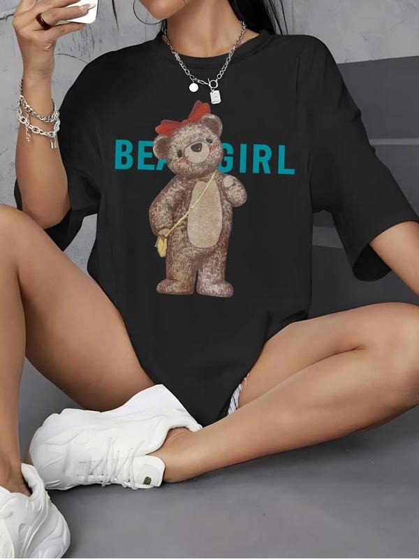 Women'WB shield Cartoon Bear & Letter Print Drop Shoulder Tee, Casual Fashion Round Neck Half Sleeve T-Shirt for Daily...