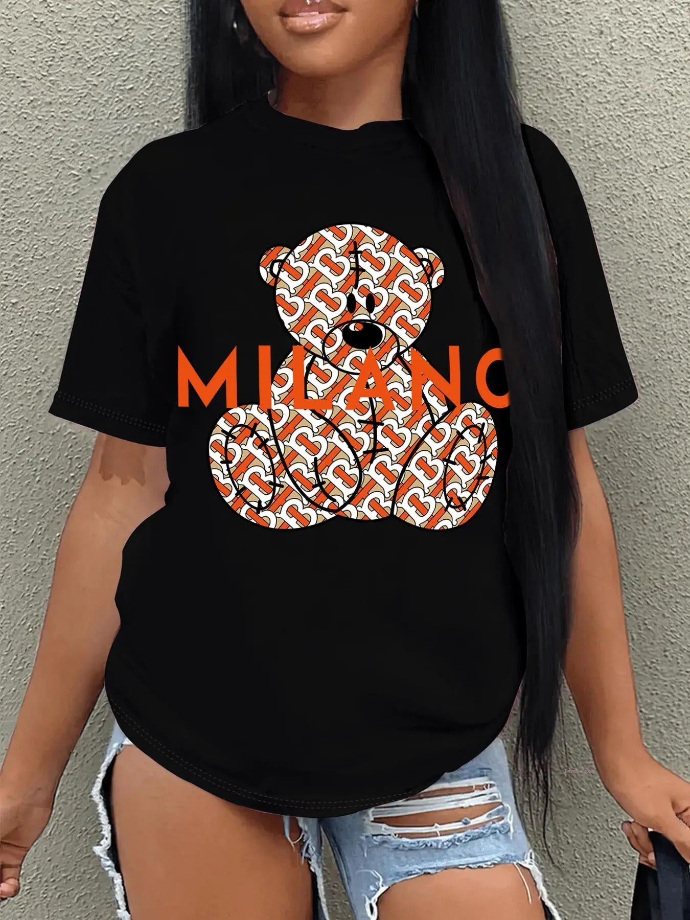 Women'WB shield Cartoon Bear & Letter Print Drop Shoulder Tee, Fashion Casual Crew Neck T-Shirt for Daily Holiday...