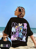 Women'WB shield Cartoon Bear & Letter Print Drop Shoulder Tee, Fashion Casual Crew Neck T-Shirt for Daily Holiday...