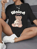 Women'WB shield Cartoon Bear & Letter Print Drop Shoulder Tee, Summer TNF Women Casual Fashion Round Neck Half Sleeve...