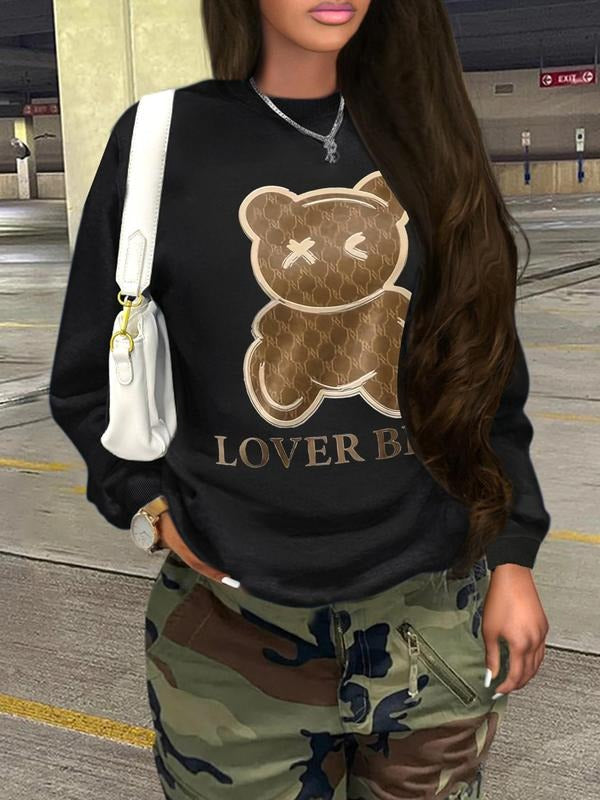 Women'WB shield Cartoon Bear & Letter Print Round Neck Sweatshirt, Casual Long Sleeve Pullover for Daily Wear, Ladies TNF...