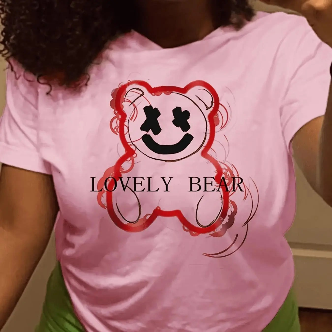 Women'WB shield Cartoon Bear & Letter Print Round Neck Tee, 2024 New Style Fashion Casual Short Sleeve T-shirt for Daily...