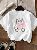 Women'WB shield Cartoon Bear & Letter Print Round Neck Tee, Cute Short Sleeve Crew Neck T-Shirt for Summer, Fashion...
