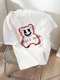 Women'WB shield Cartoon Bear & Letter Print Round Neck Tee, Fashion Casual Drop Shoulder Short Sleeve T-shirt for Daily...