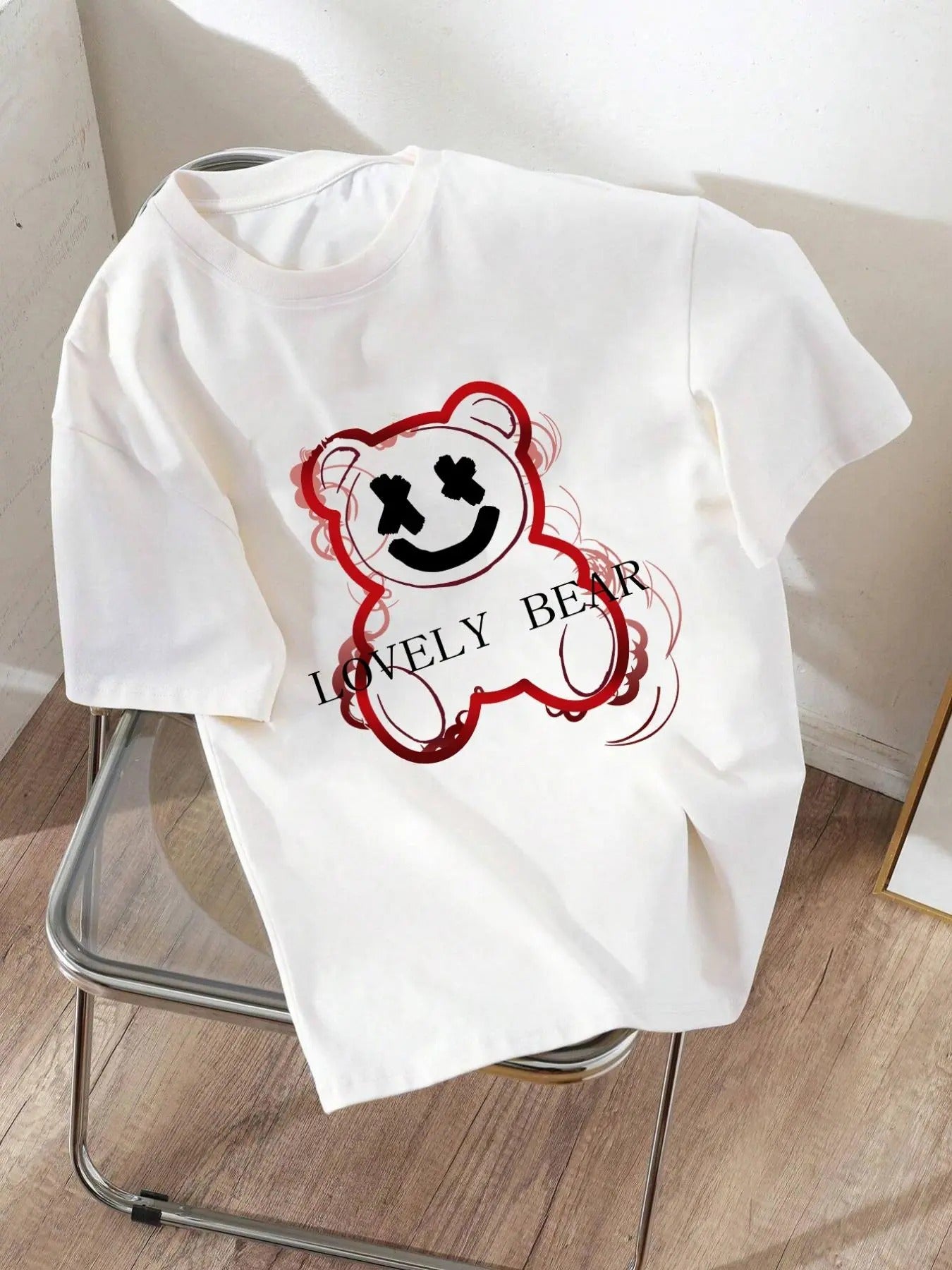 Women'WB shield Cartoon Bear & Letter Print Round Neck Tee, Fashion Casual Drop Shoulder Short Sleeve T-shirt for Daily...