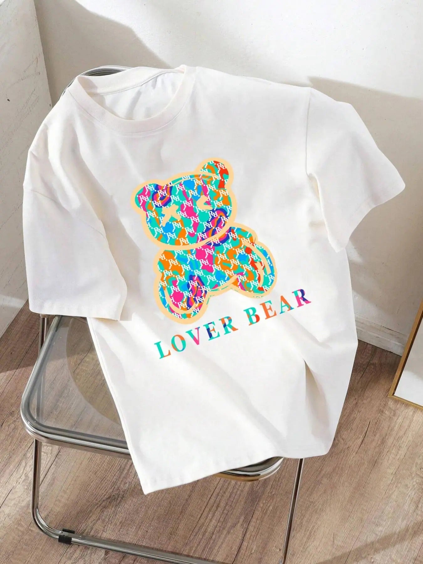 Women'WB shield Cartoon Bear & Letter Print Round Neck Tee, Fashion Casual Drop Shoulder Short Sleeve T-shirt for Daily...